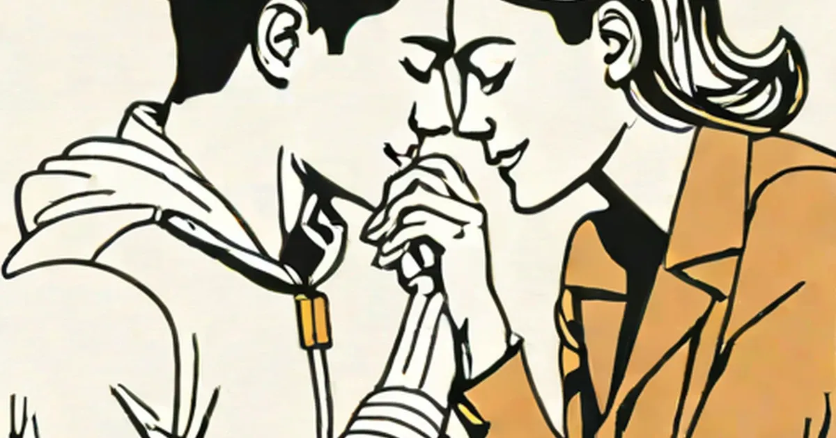 Man and woman with faces nearly touching, man holding a flower