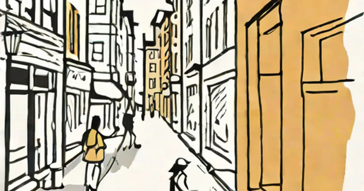 Sketch of pedestrians walking through a narrow street between buildings