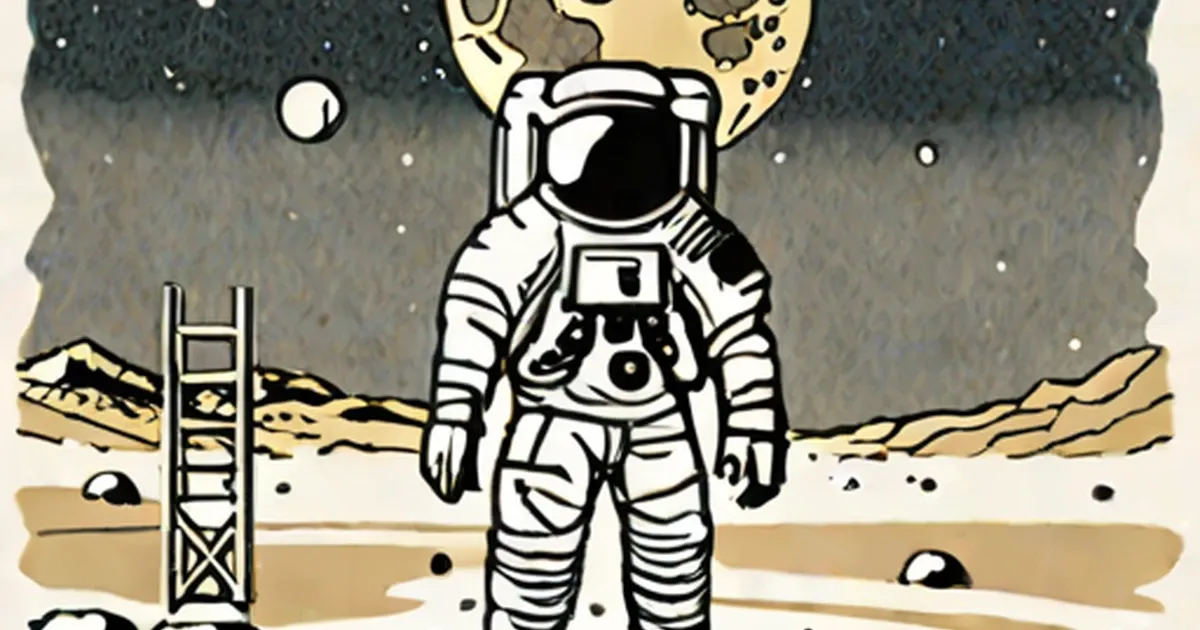 Astronaut in spacesuit on lunar surface with ladder and starry sky above