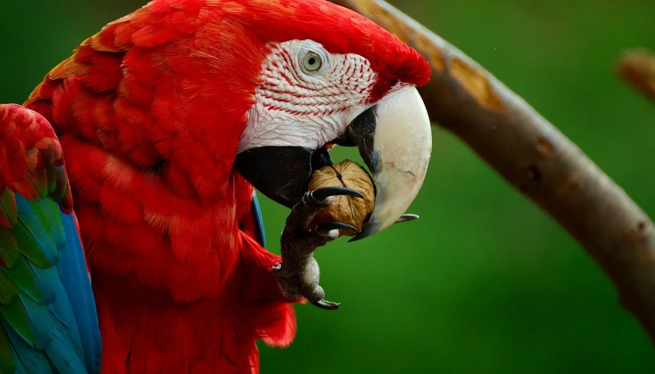 A scarlet macaw holding food in its beak on a branch