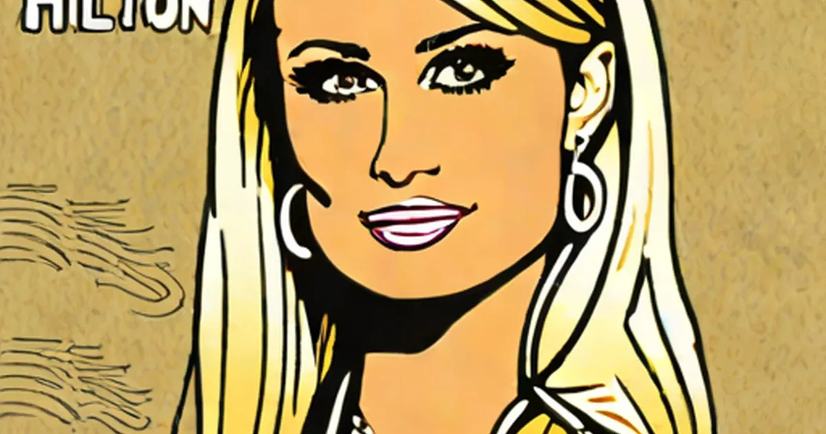 Illustration of Paris Hilton with blonde hair, hoop earrings, and bold eye makeup in pop art style