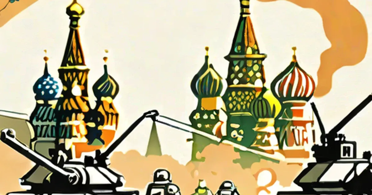 Russian Orthodox churches flanked by military tanks and soldiers