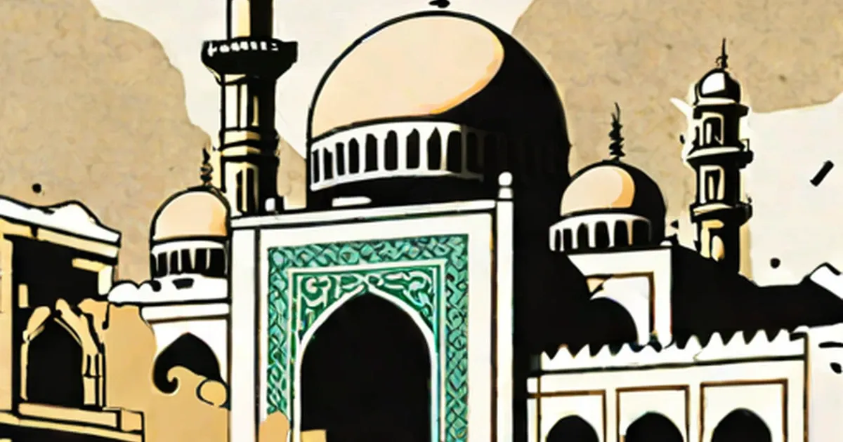 Illustration of a mosque with domes, minarets, and green geometric patterns