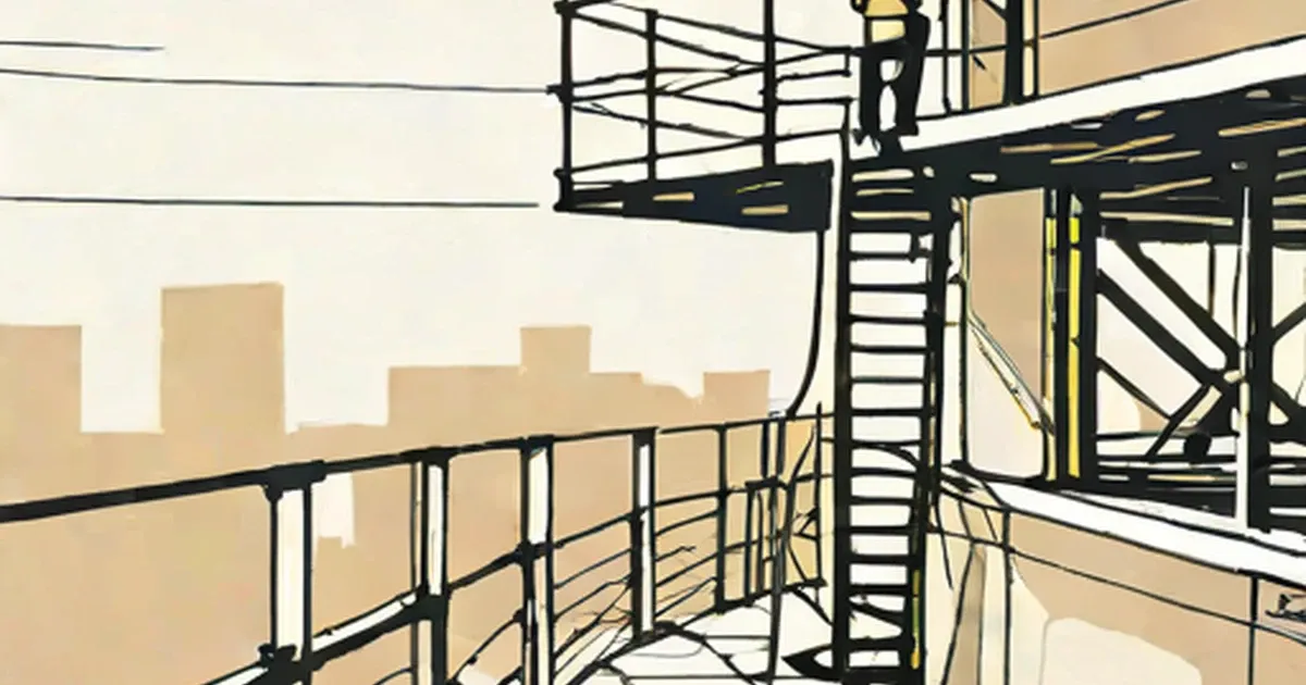 Metal observation platform with stairs and railings overlooking a city skyline