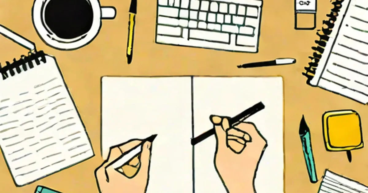 Hands writing on a blank notepad surrounded by coffee, keyboard, and office supplies on a yellow desk