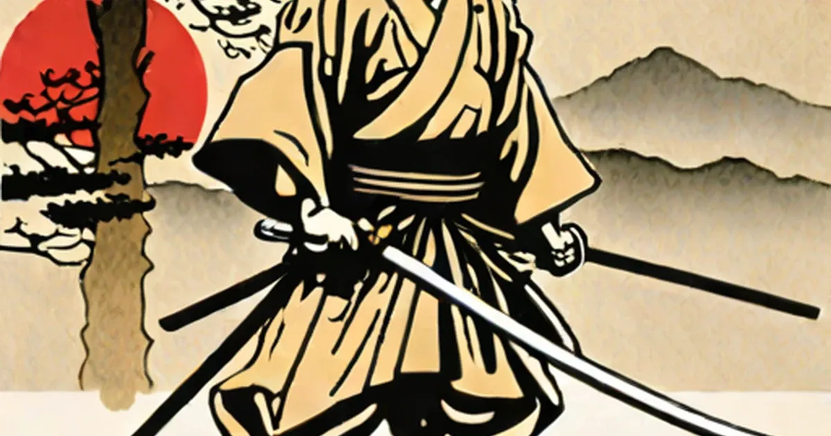 Samurai warrior in armor holding two swords, with red sun and mountain backdrop