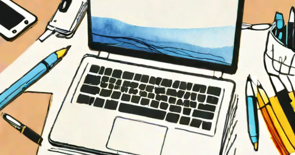 Open laptop with writing implements, mobile devices, and headphones on a tan workspace