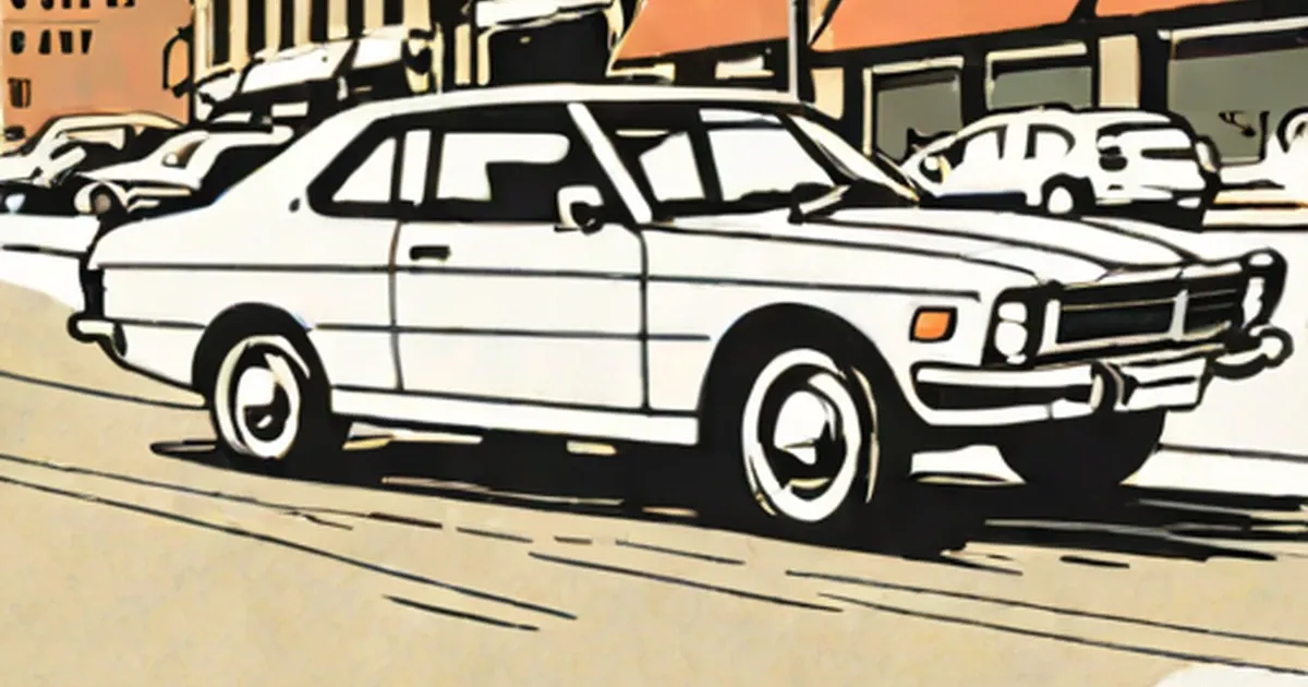 Illustration of a white 1970s-style sedan parked with door open