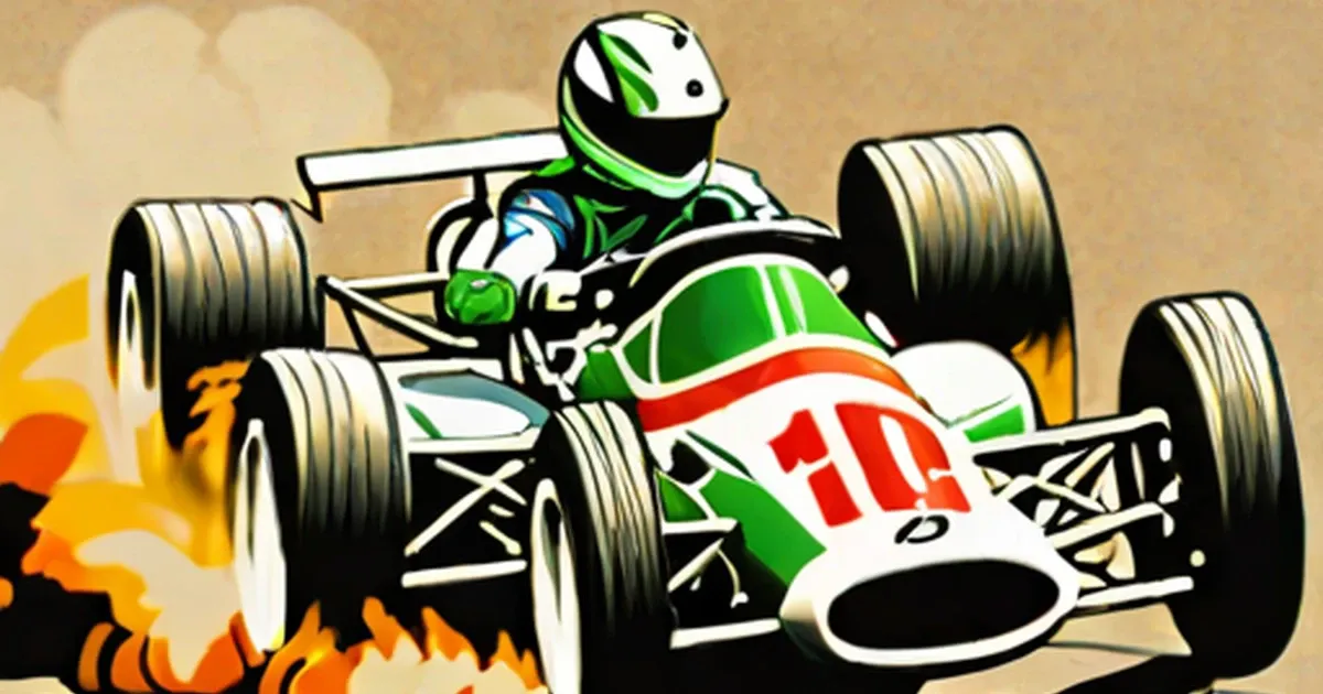 Illustration of a race car driver in a green and white formula vehicle