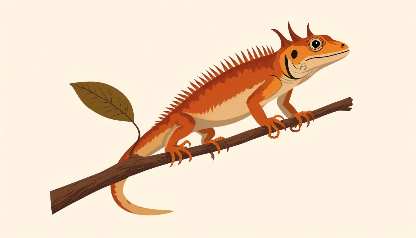 Illustrated mountain horned dragon lizard with a spiny crest perched on a branch