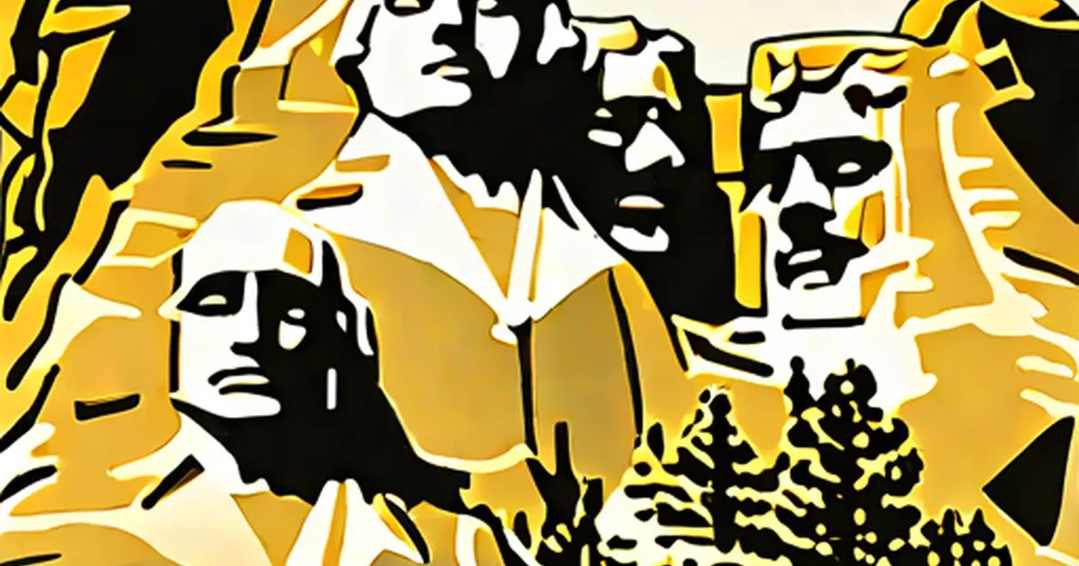 Stylized artwork depicting Mt. Rushmore with four carved presidential heads in golden tones