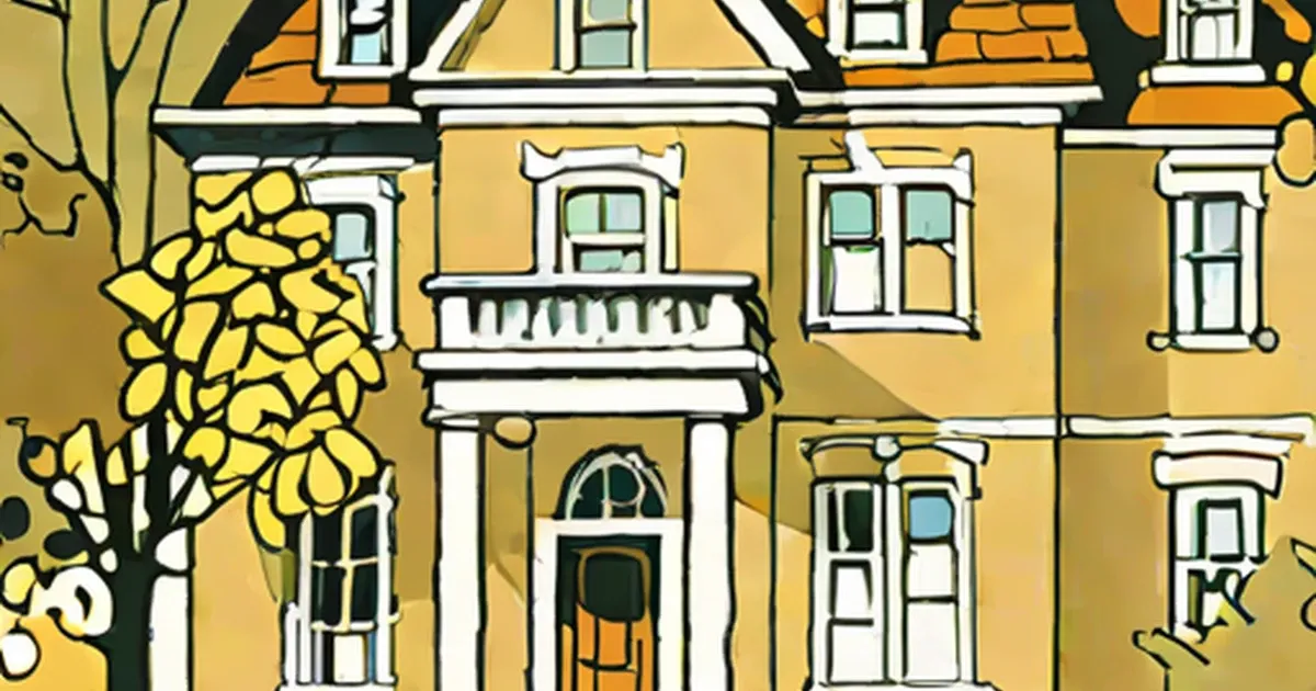Yellow townhouse illustration with white trim and decorative columns