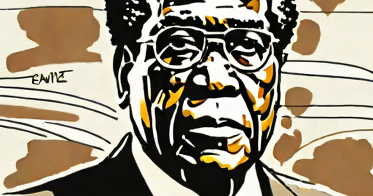 Portrait illustration of Robert Mugabe in black and gold with glasses