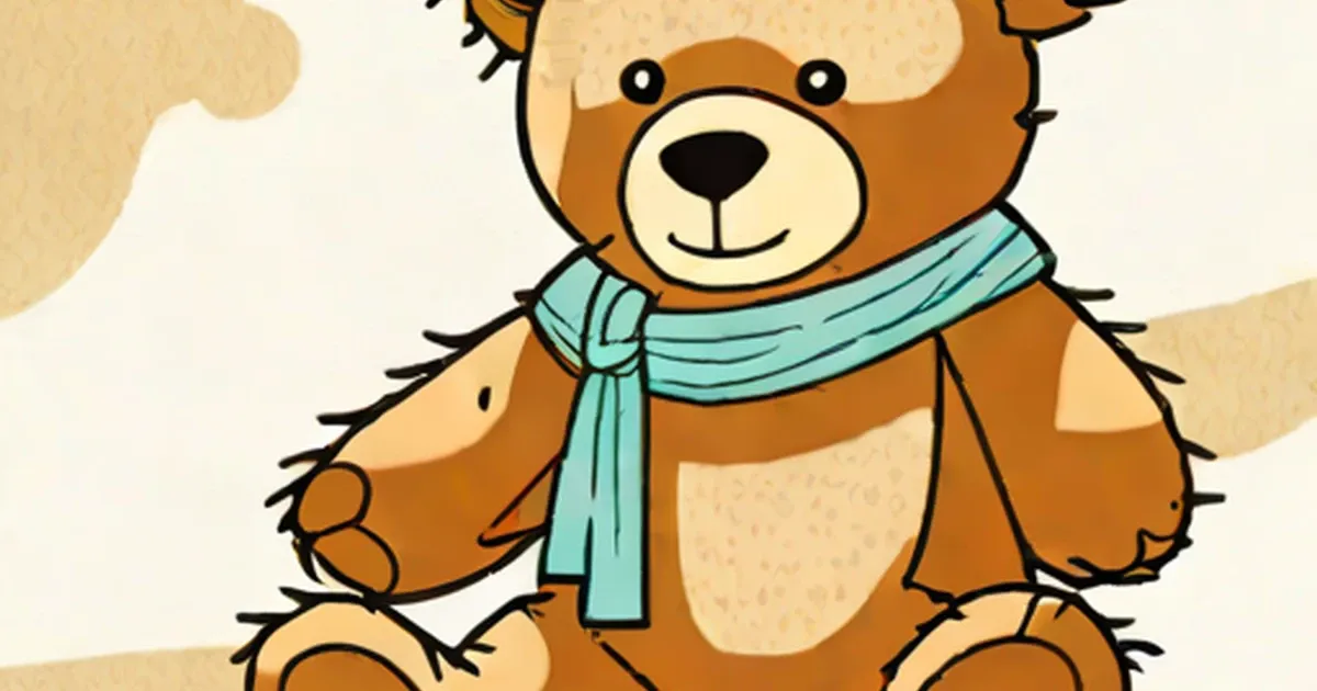 Cartoon brown teddy bear wearing a turquoise scarf