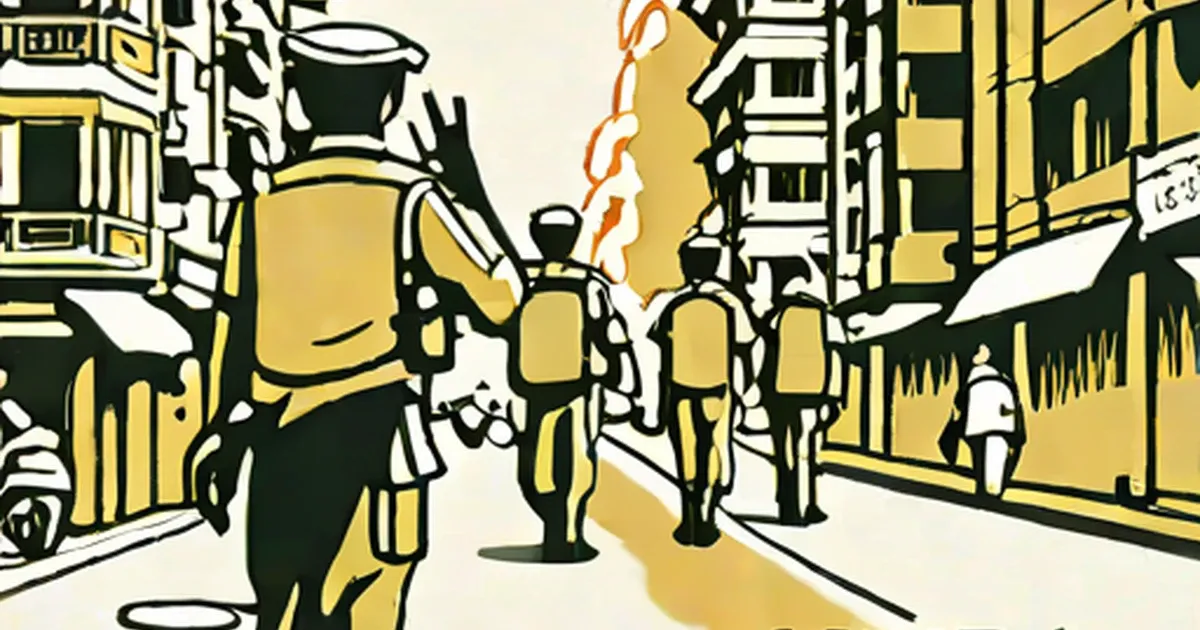 Illustrated Mumbai street with yellow buildings, vehicles, and pedestrians