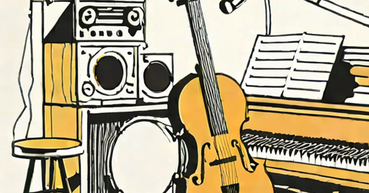Violin, piano, speakers, sheet music, and audio equipment in a line art illustration