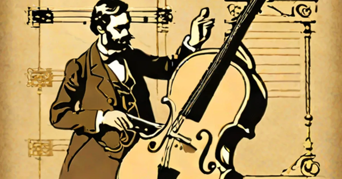 Cellist in formal attire performing against musical notation