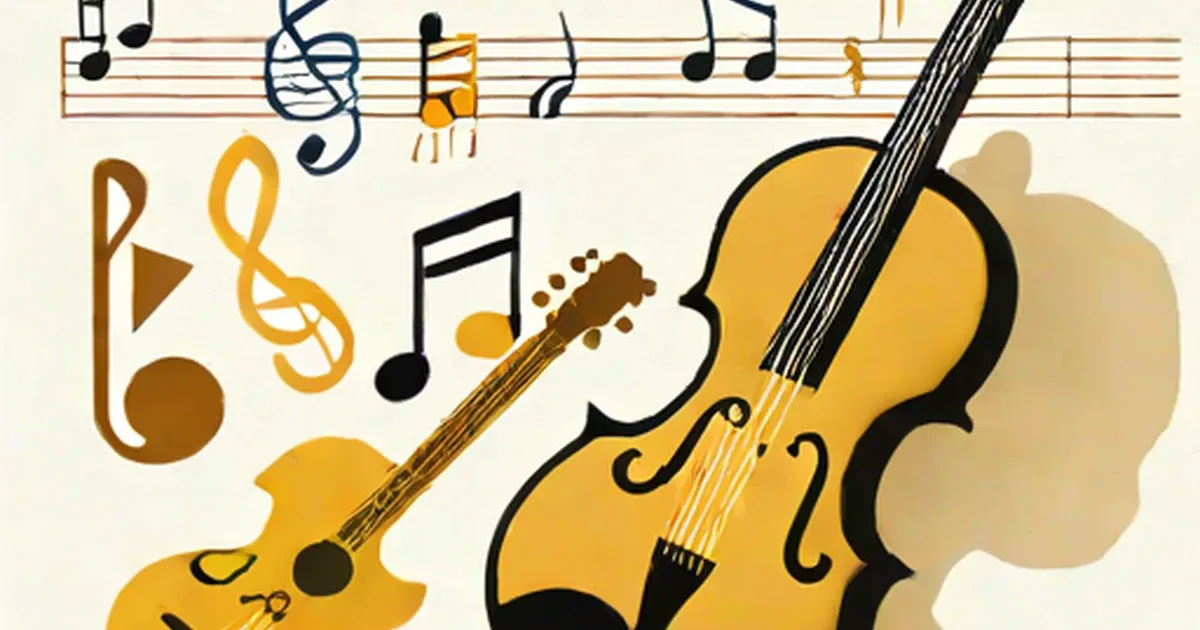 Yellow violin and trumpet illustrated with musical notes and staff lines