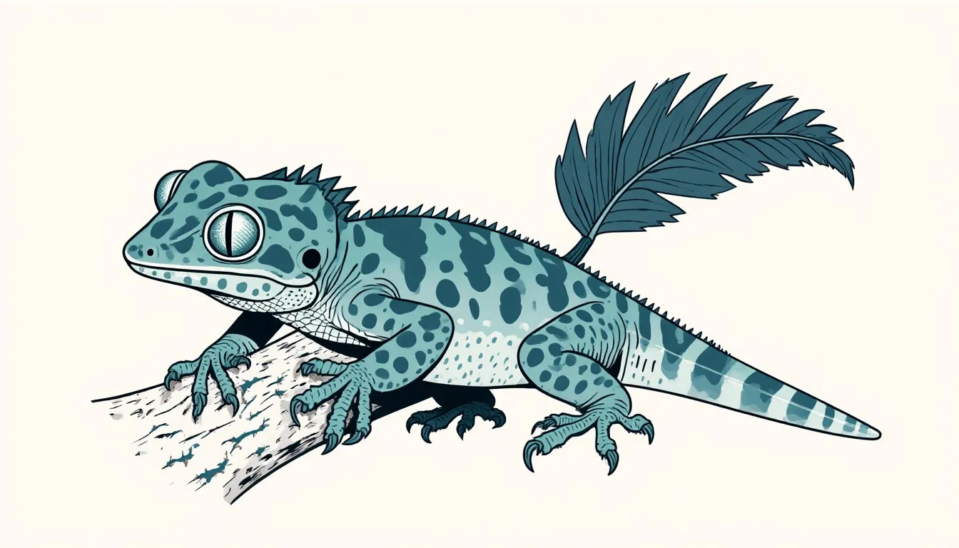 Illustration of a leaf-tailed gecko gripping bark, its flattened tail shaped like a dry leaf