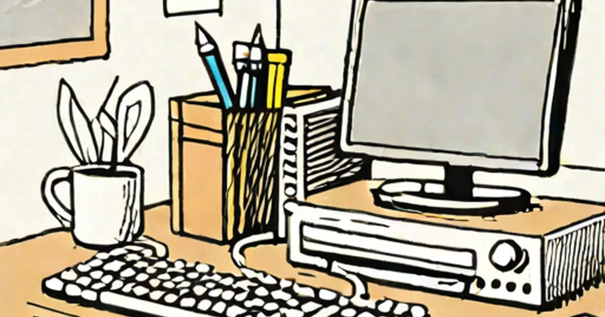 Computer desk with monitor, keyboard, tower, mouse, plant, and writing supplies