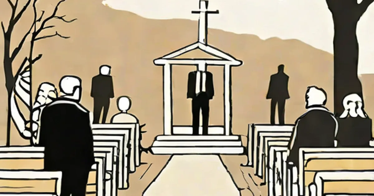 Funeral service in a chapel with mourners seated in pews and a casket at the altar
