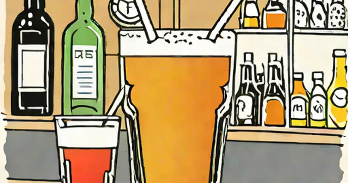 Alcoholic beverages arranged on bar shelves around a filled pint glass