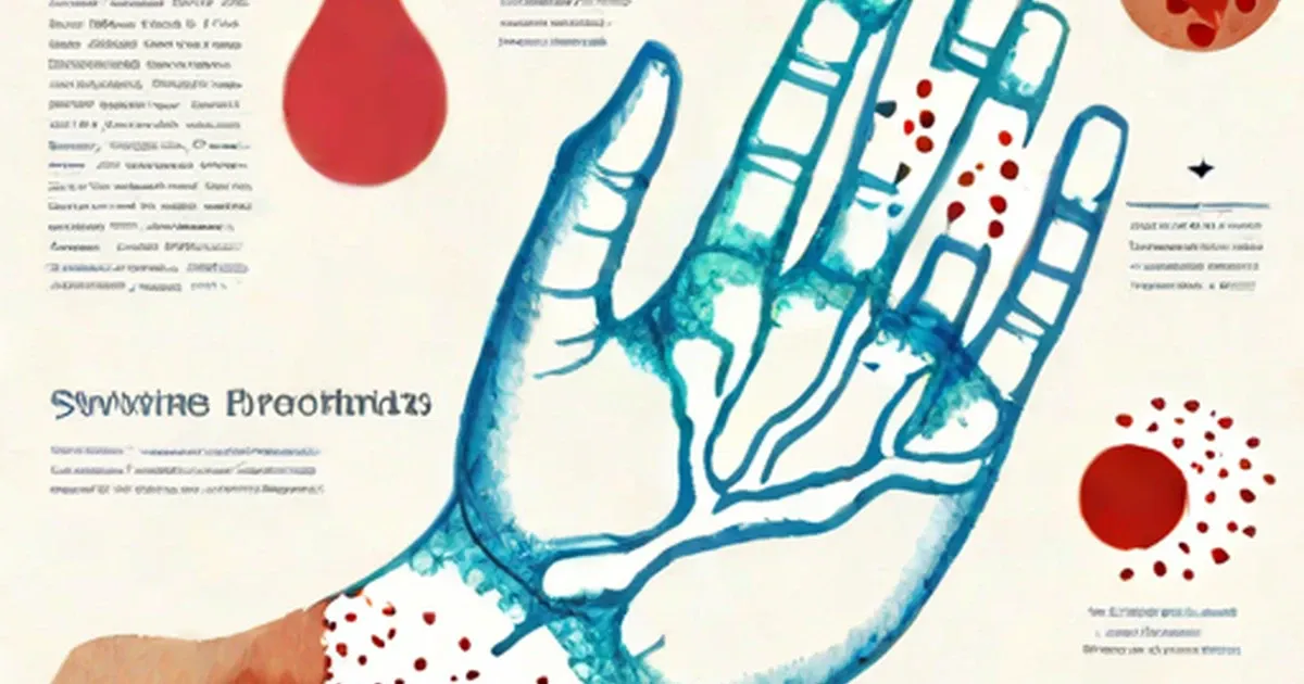 Red blood cells and blue blood vessels illustrated on a human hand