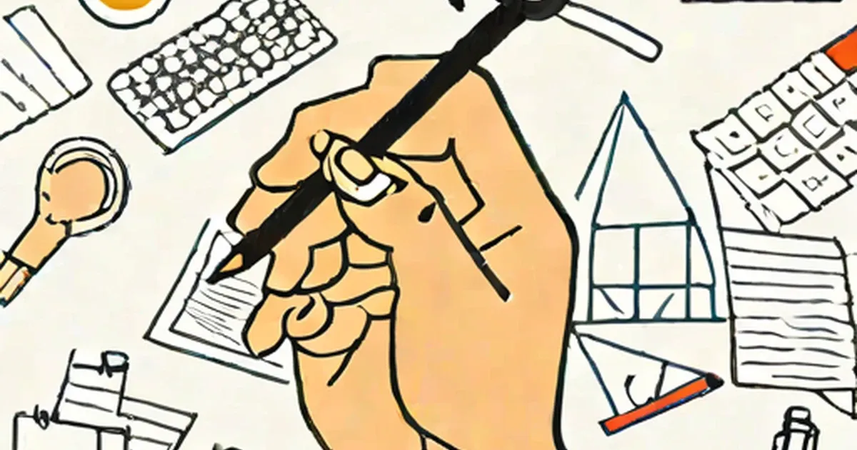 Left hand holding a paintbrush surrounded by keyboards, papers, and office supplies
