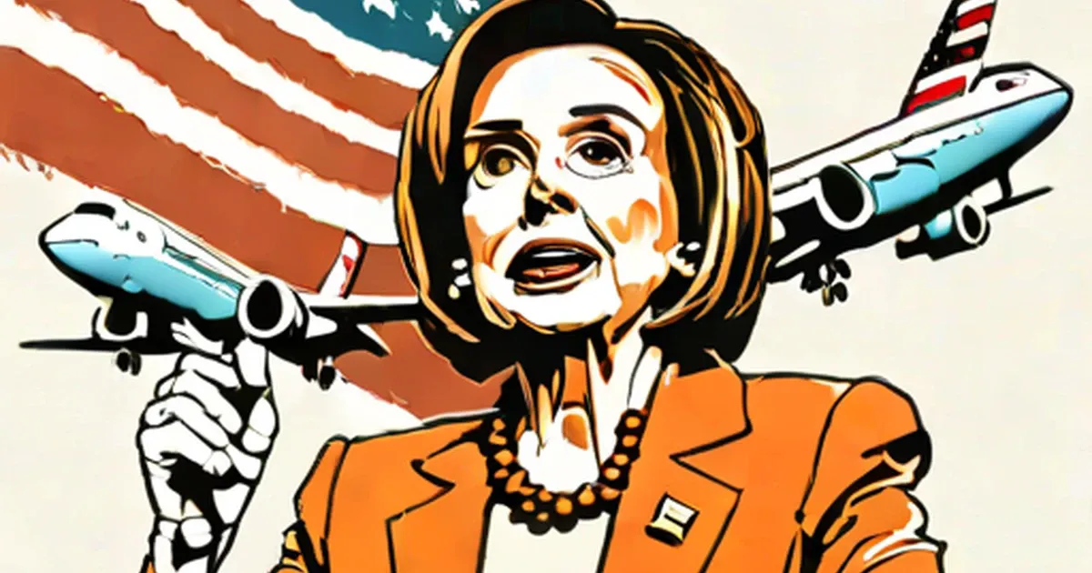 Nancy Pelosi in orange blazer holding toy airplane, military jets behind her