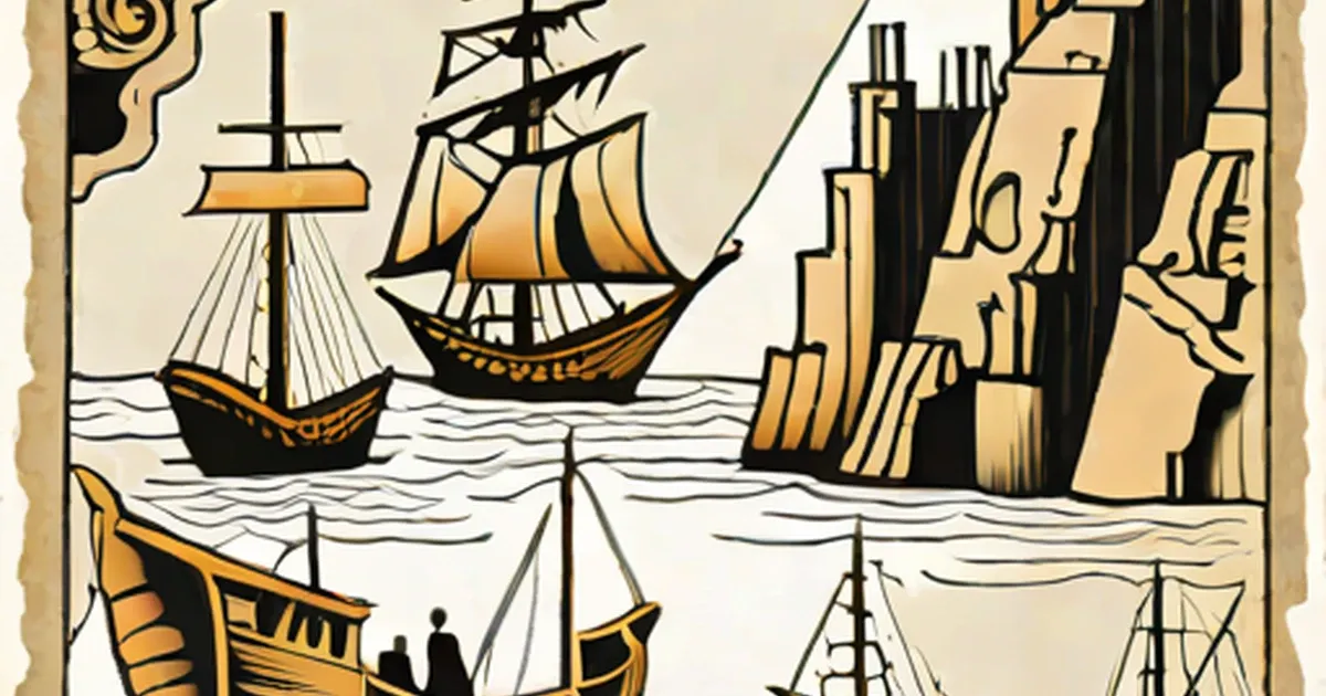 Vintage illustration of historic sailing ships in a harbor