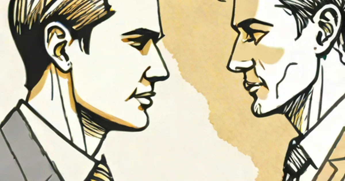 Two men facing each other in profile, line art illustration