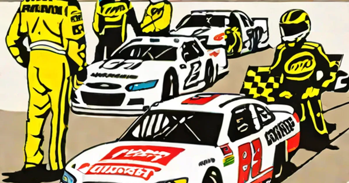 Drivers in yellow racing suits beside NASCAR race cars