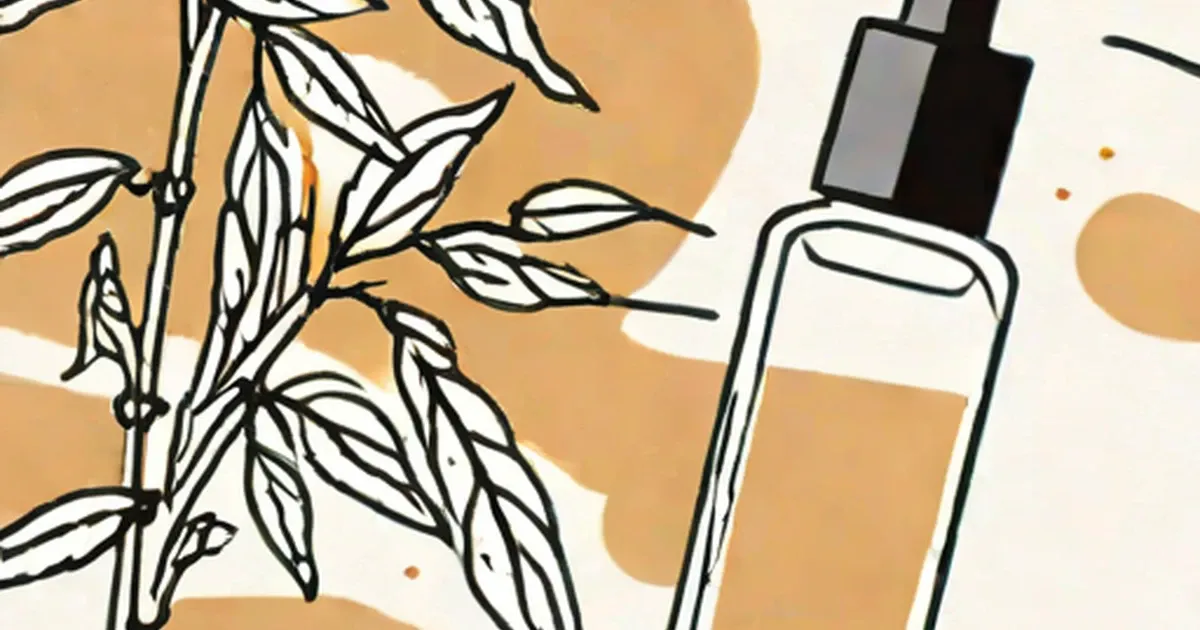 Drawn botanical plant branch beside a dropper bottle against tan background