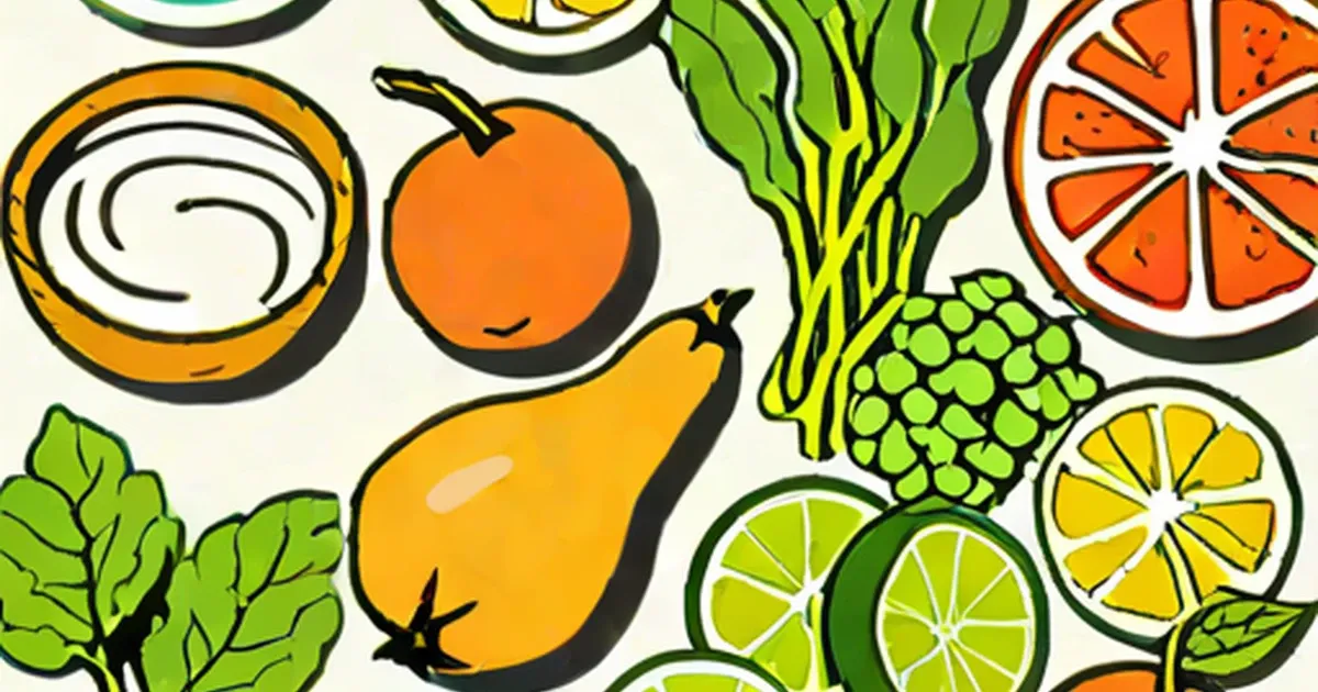 Illustration of citrus slices, pear, onion, bunch of grapes, and fresh greens