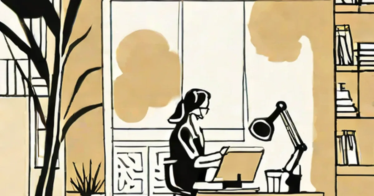 Woman working at a laptop at a desk with lamp and plant