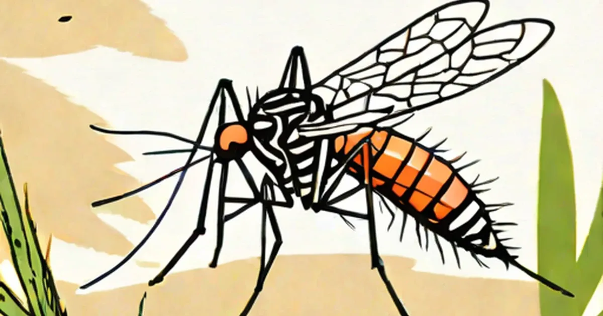 Detailed illustration of a black mosquito with orange abdomen and veined wings