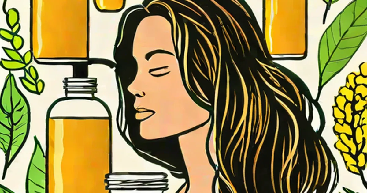 Woman with long dark hair beside amber bottles of hair oil and botanical leaves