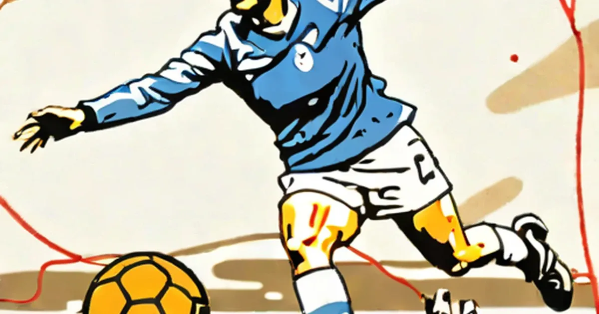 Illustrated athlete in blue jersey kicks soccer ball toward goal