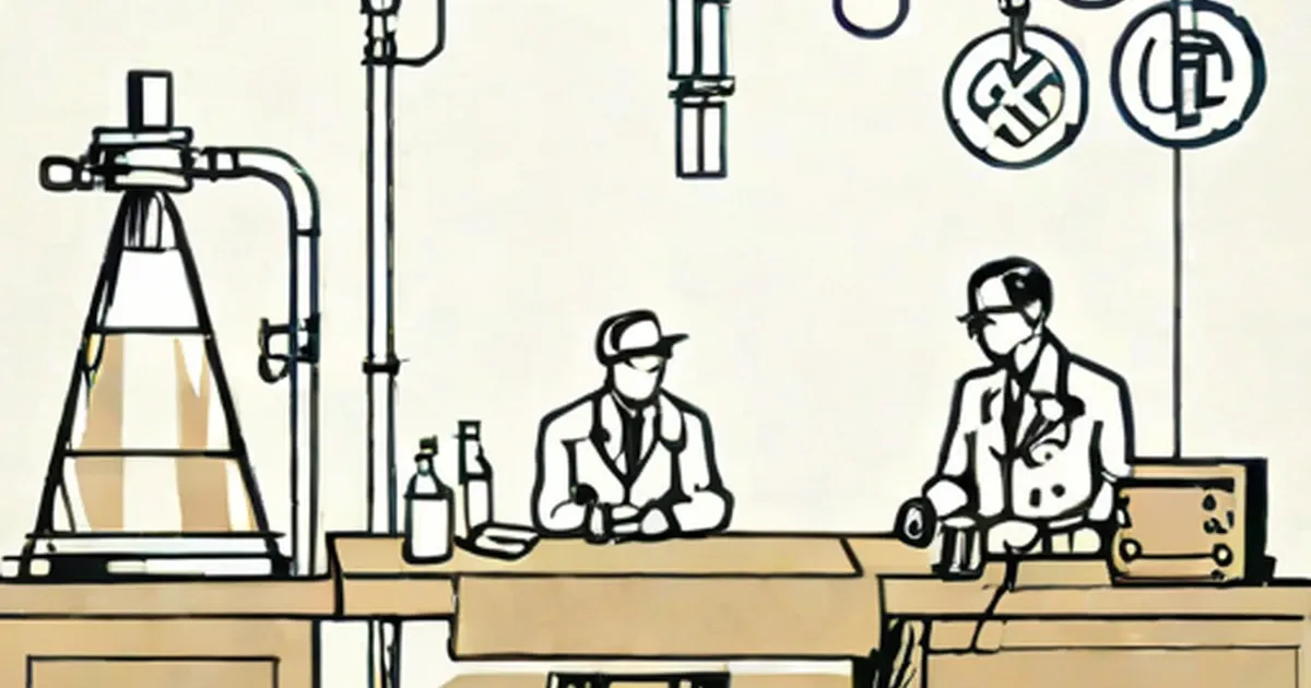 Historical laboratory illustration with two figures, beakers, syringes, and Nazi symbols