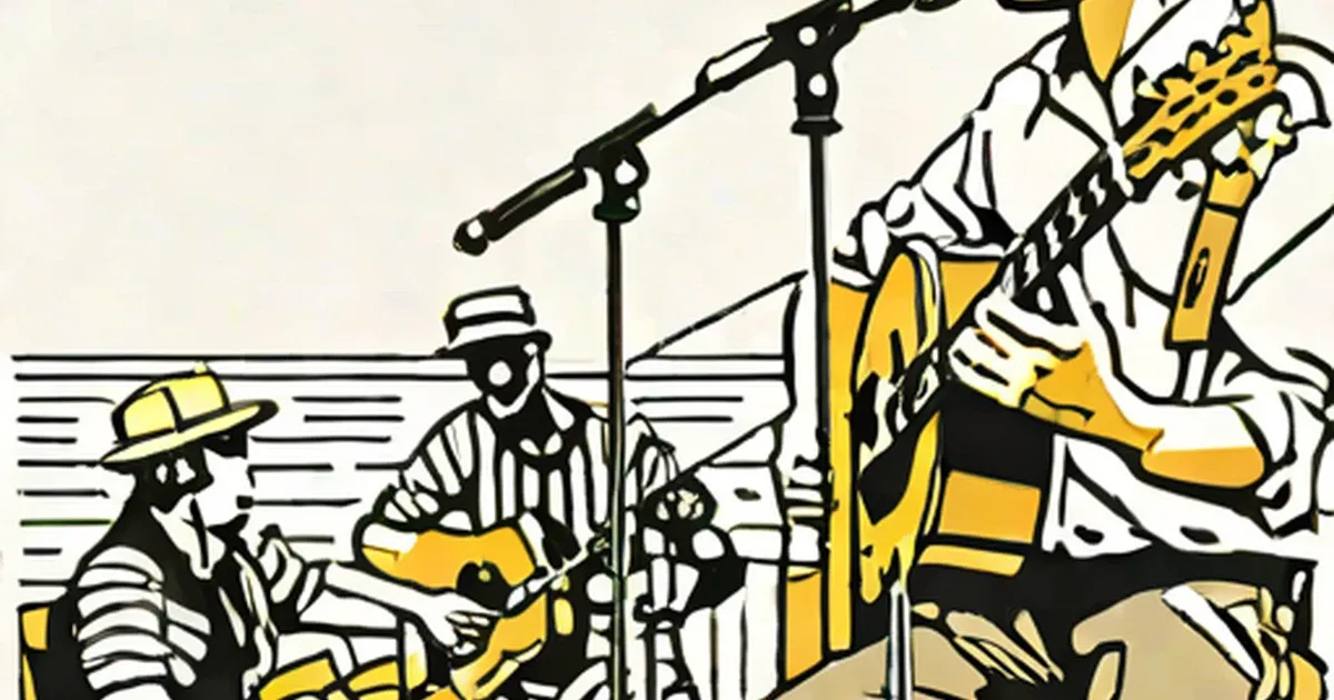 Band members performing with guitars and microphone