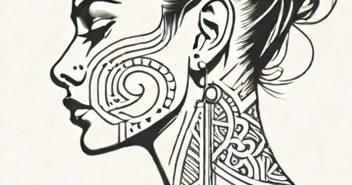 Woman’s profile with ornate spiral and geometric tattoo designs on the neck and chest