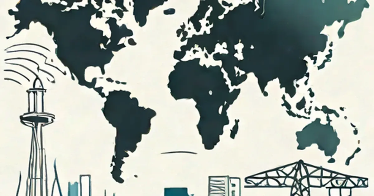 World map with surrounding infrastructure icons including towers, bridges, and industrial buildings