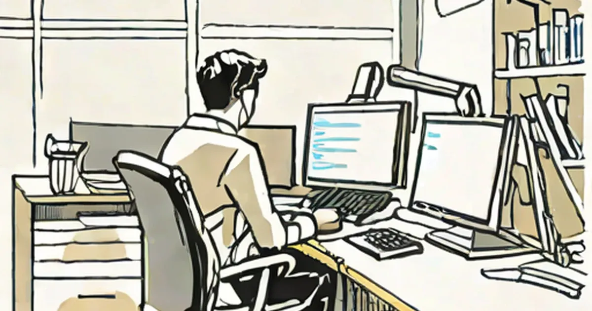 Person sitting at desk with multiple computer monitors, looking stressed with head in hand