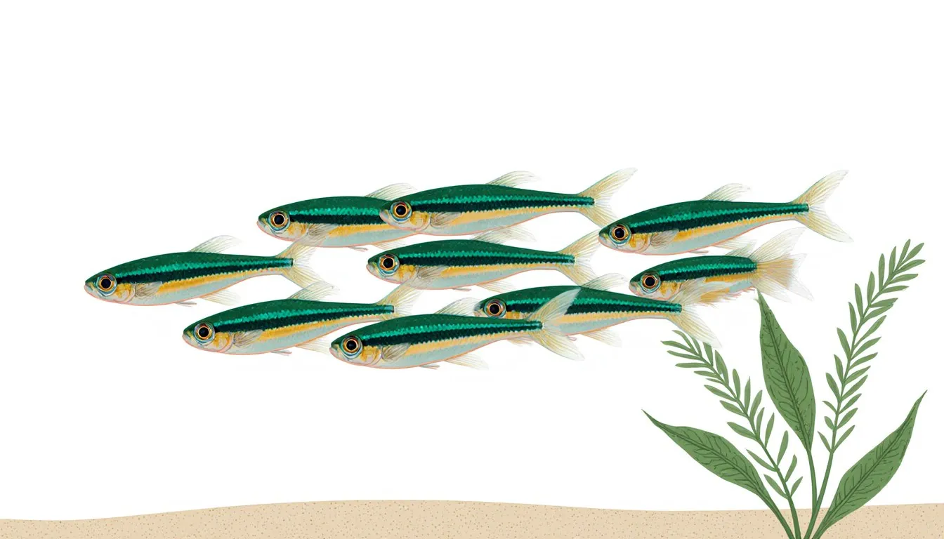 A school of neon tetras, one fish with a faded stripe and thinner body among healthy, vividly striped companions