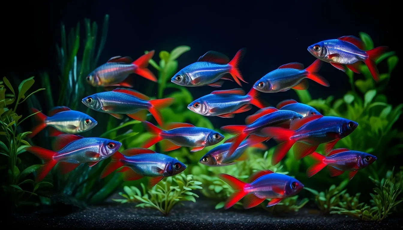 A school of translucent tetras with red-tipped fins