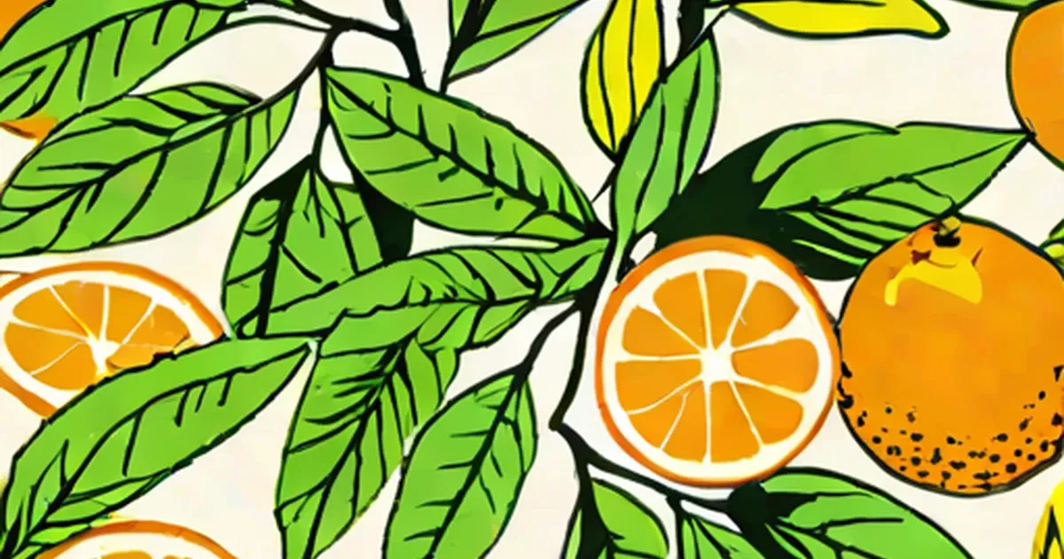 Bold illustration of orange citrus fruits, whole and sliced, with green leaves