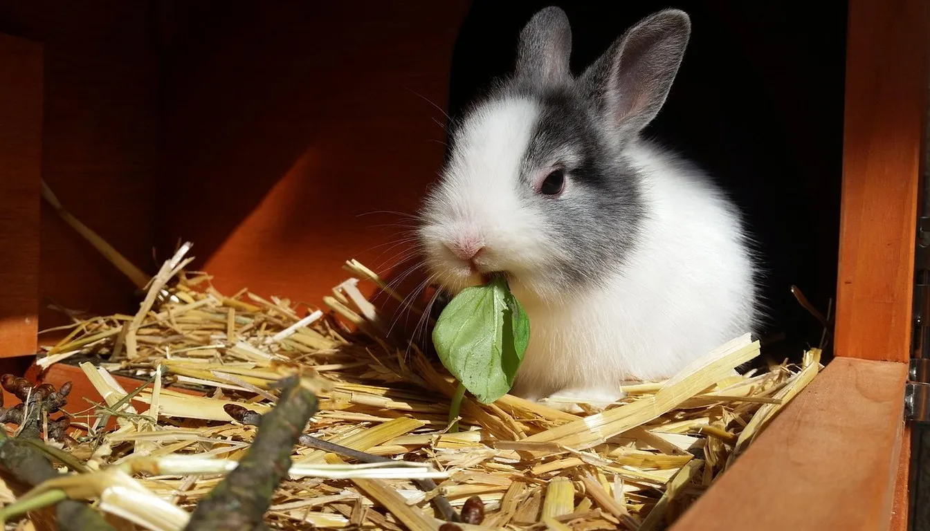 A young rabbit chewing a leaf in a hutch