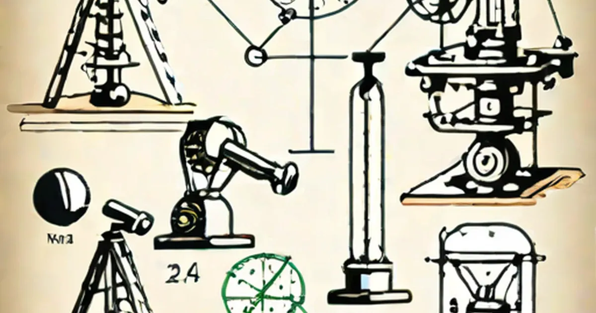 Vintage technical drawings of scientific instruments including telescopes, microscopes, and laboratory apparatus