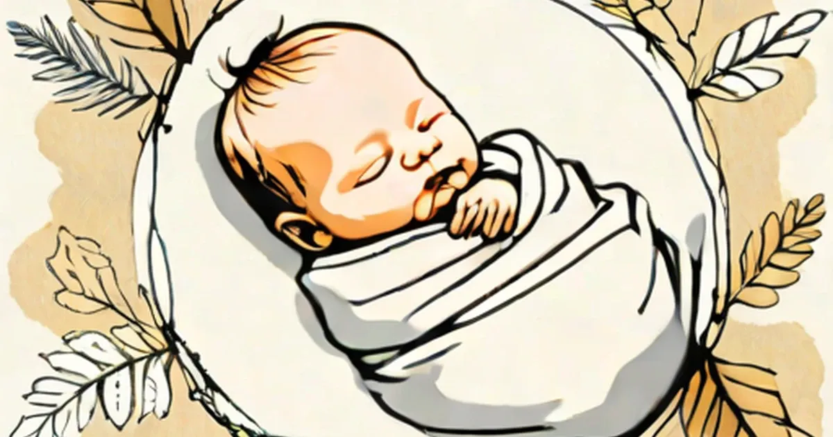 A swaddled newborn wrapped in white blankets, framed by botanical leaf designs