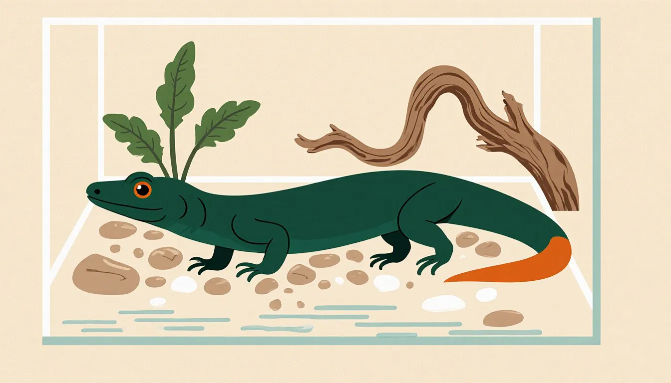 An illustrated newt standing on pebbles in front of its terrarium pool, with driftwood and plants behind it
